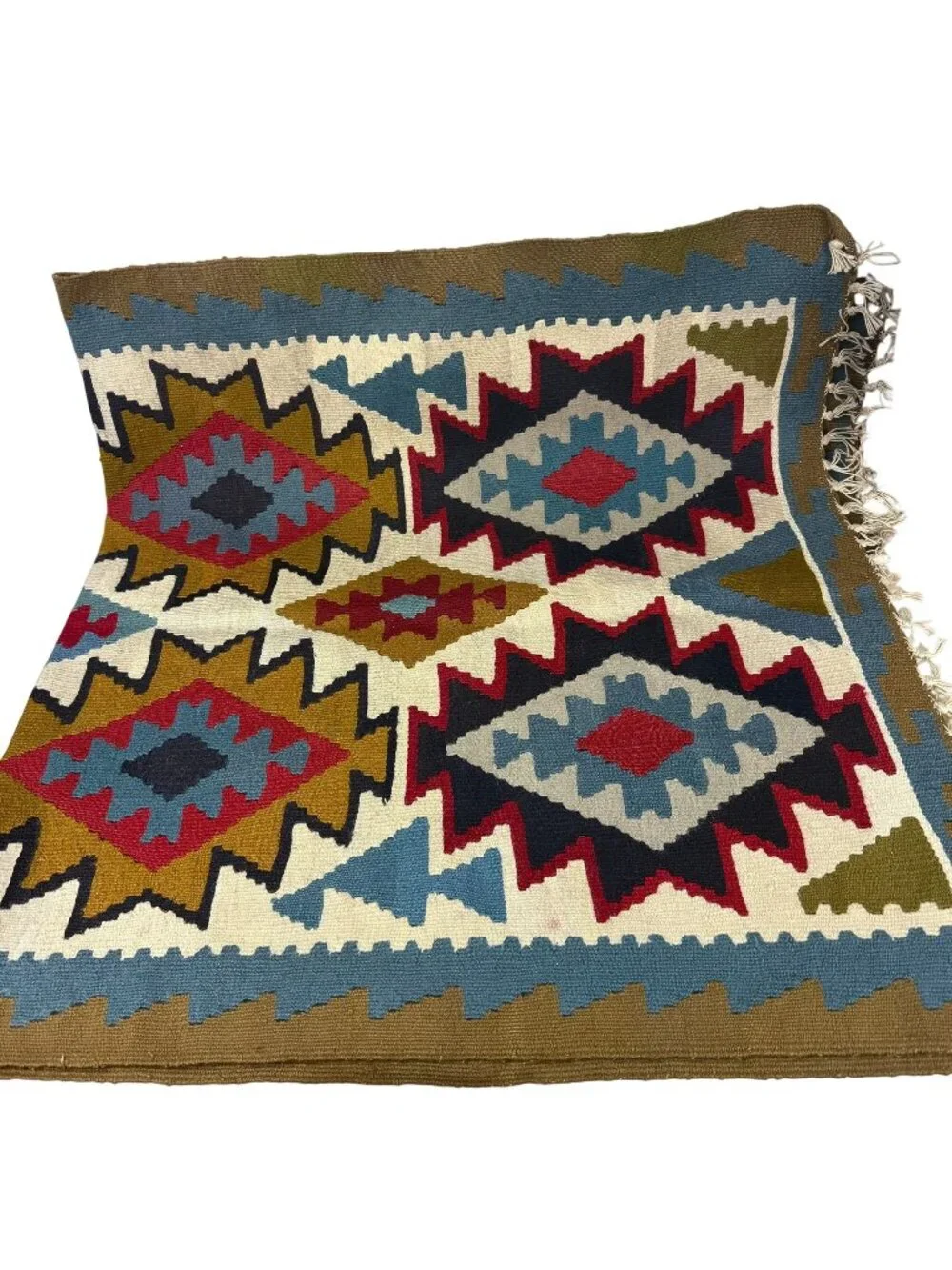 Hard Woven Kilim Area Rug Carpet Tribal Geometric Colorful Green Blue Red